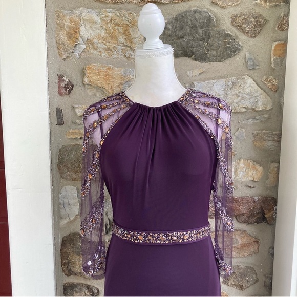 TERANI EVENING M1447 Embellished Beaded Jersey Sheer Sleeve Gown Womens 8 - Picture 3 of 16